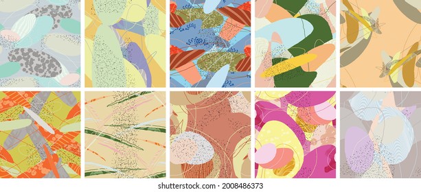 Abstract vector seamless pattern set. Organic grunge textured overlapping wavy shapes and lines. Scribbled hand drawn pastel colored background. Striped dotted leaf forms. Flat textile swatch.