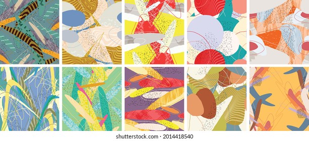 Abstract vector seamless pattern set. Organic grunge textured overlapping wavy shapes and lines. Scribbled hand drawn pastel colored background. Striped dotted leaf forms. Flat textile swatch.