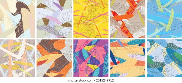 Abstract vector seamless pattern set. Organic grunge textured overlapping wavy shapes and lines. Scribbled hand drawn pastel colored background. Striped dotted leaf forms. Flat textile swatch.