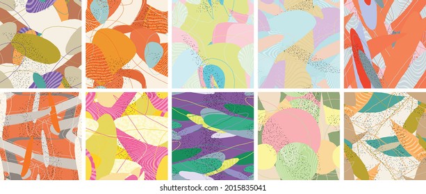 Abstrakter, nahtloser Vektormuster-Satz. Organischer Grunge strukturiert überlappende schroffe Formen und Linien. handgezeichnet, handgezeichnet, pastellfarbener Hintergrund. Streifenblattformen. Flache Textiluhr.
