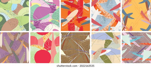 Abstract vector seamless pattern set. Organic grunge textured overlapping wavy shapes and lines. Scribbled hand drawn pastel colored background. Striped dotted leaf forms. Flat textile swatch.