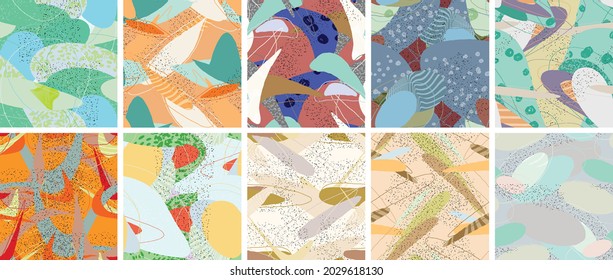Abstract vector seamless pattern set. Organic grunge textured overlapping wavy shapes and lines. Scribbled hand drawn pastel colored background. Striped dotted leaf forms. Flat textile swatch.