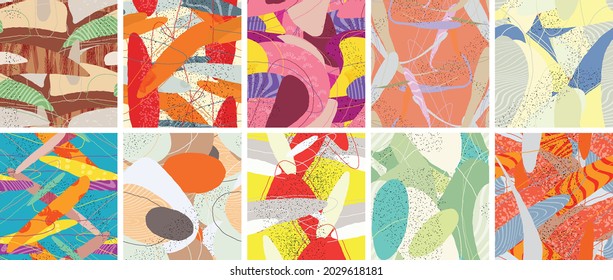 Abstract vector seamless pattern set. Organic grunge textured overlapping wavy shapes and lines. Scribbled hand drawn pastel colored background. Striped dotted leaf forms. Flat textile swatch.