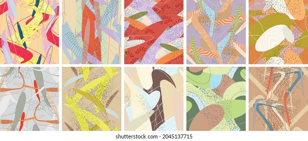 Abstract vector seamless pattern set. Organic grunge textured overlapping wavy shapes and lines. Scribbled hand drawn pastel colored background. Striped dotted leaf forms. Flat textile swatch.