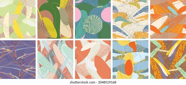 Abstract vector seamless pattern set. Organic grunge textured overlapping wavy shapes and lines. Scribbled hand drawn pastel colored background. Striped dotted leaf forms. Flat textile swatch.