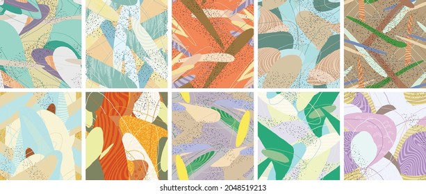 Abstract vector seamless pattern set. Organic grunge textured overlapping wavy shapes and lines. Scribbled hand drawn pastel colored background. Striped dotted leaf forms. Flat textile swatch.