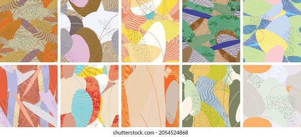 Abstract vector seamless pattern set. Organic grunge textured overlapping wavy shapes and lines. Scribbled hand drawn pastel colored background. Striped dotted leaf forms. Flat textile swatch.