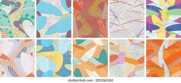 Abstract vector seamless pattern set. Organic grunge textured overlapping wavy shapes and lines. Scribbled hand drawn pastel colored background. Striped dotted leaf forms. Flat textile swatch.