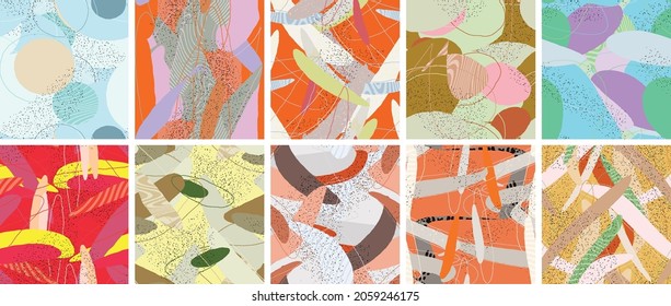 Abstract vector seamless pattern set. Organic grunge textured overlapping wavy shapes and lines. Scribbled hand drawn pastel colored background. Striped dotted leaf forms. Flat textile swatch.