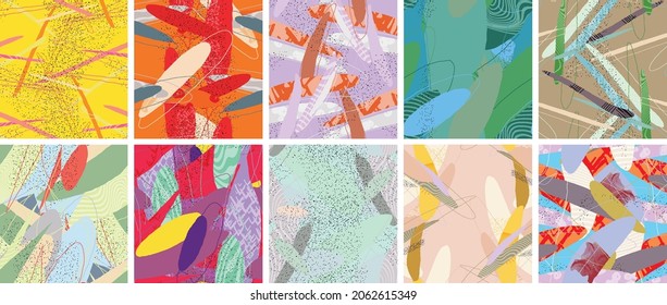 Abstract vector seamless pattern set. Organic grunge textured overlapping wavy shapes and lines. Scribbled hand drawn pastel colored background. Striped dotted leaf forms. Flat textile swatch.