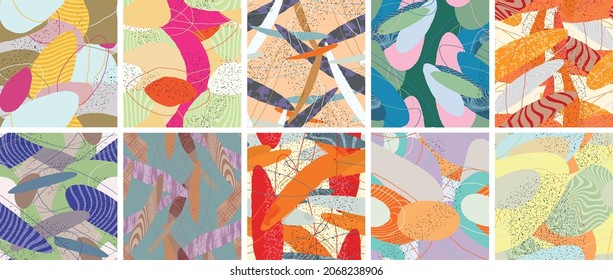 Abstract vector seamless pattern set. Organic grunge textured overlapping wavy shapes and lines. Scribbled hand drawn pastel colored background. Striped dotted leaf forms. Flat textile swatch.