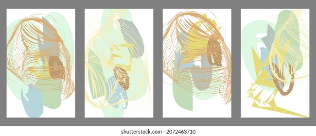 Abstract vector seamless pattern set of painting with bright colors and lines in art nouveau style. Organic grunge textured overlapping wavy shapes and lines