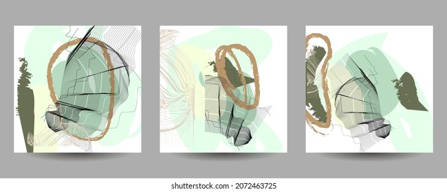 Abstract vector seamless pattern set of painting with bright colors and lines in art nouveau style. Organic grunge textured overlapping wavy shapes and lines