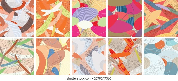 Abstract vector seamless pattern set. Organic grunge textured overlapping wavy shapes and lines. Scribbled hand drawn pastel colored background. Striped dotted leaf forms. Flat textile swatch.