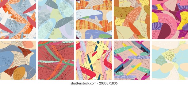 Abstract vector seamless pattern set. Organic grunge textured overlapping wavy shapes and lines. Scribbled hand drawn pastel colored background. Striped dotted leaf forms. Flat textile swatch.