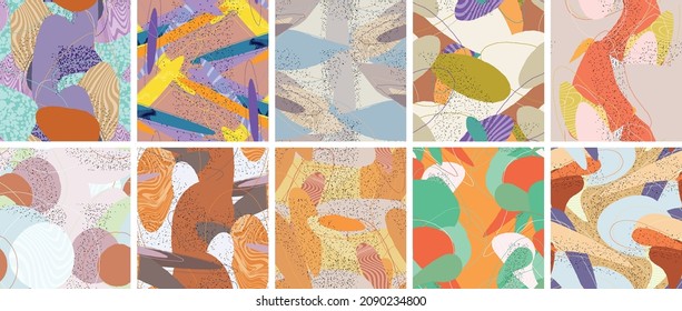Abstract vector seamless pattern set. Organic grunge textured overlapping wavy shapes and lines. Scribbled hand drawn pastel colored background. Striped dotted leaf forms. Flat textile swatch.