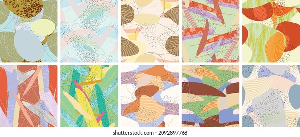 Abstract vector seamless pattern set. Organic grunge textured overlapping wavy shapes and lines. Scribbled hand drawn pastel colored background. Striped dotted leaf forms. Flat textile swatch.