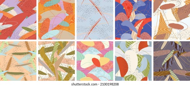 Abstract vector seamless pattern set. Organic grunge textured overlapping wavy shapes and lines. Scribbled hand drawn pastel colored background. Striped dotted leaf forms. Flat textile swatch.