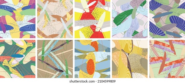 Abstract vector seamless pattern set. Organic grunge textured overlapping wavy shapes and lines. Scribbled hand drawn pastel colored background. Striped dotted leaf forms. Flat textile swatch.