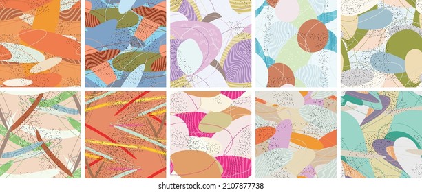 Abstract vector seamless pattern set. Organic grunge textured overlapping wavy shapes and lines. Scribbled hand drawn pastel colored background. Striped dotted leaf forms. Flat textile swatch.