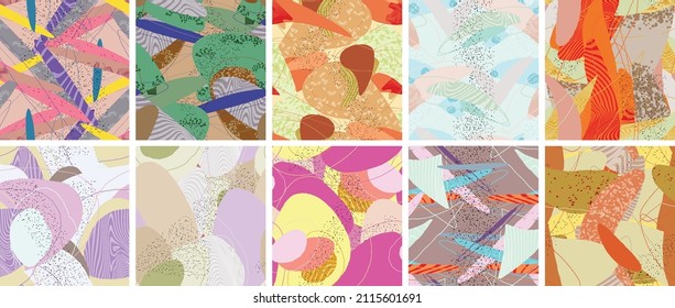 Abstract vector seamless pattern set. Organic grunge textured overlapping wavy shapes and lines. Scribbled hand drawn pastel colored background. Striped dotted leaf forms. Flat textile swatch.