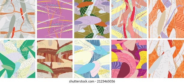 Abstract vector seamless pattern set. Organic grunge textured overlapping wavy shapes and lines. Scribbled hand drawn pastel colored background. Striped dotted leaf forms. Flat textile swatch.