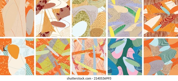 Abstract vector seamless pattern set. Organic grunge textured overlapping wavy shapes and lines. Scribbled hand drawn pastel colored background. Striped dotted leaf forms. Flat textile swatch.
