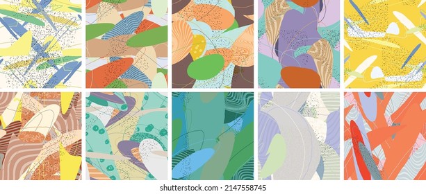 Abstract vector seamless pattern set. Organic grunge textured overlapping wavy shapes and lines. Scribbled hand drawn pastel colored background. Striped dotted leaf forms. Flat textile swatch.