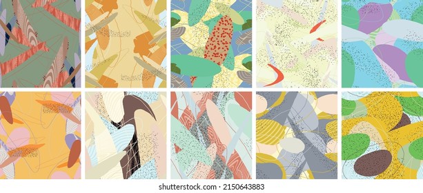 Abstract vector seamless pattern set. Organic grunge textured overlapping wavy shapes and lines. Scribbled hand drawn pastel colored background. Striped dotted leaf forms. Flat textile swatch.