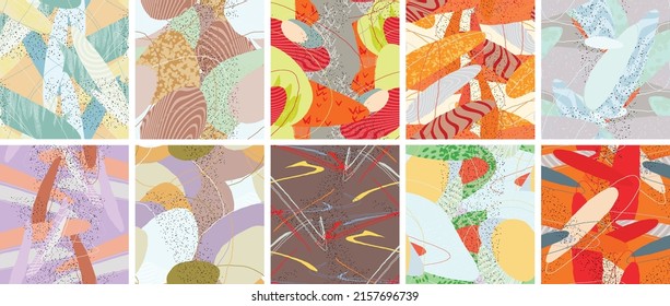 Abstract vector seamless pattern set. Organic grunge textured overlapping wavy shapes and lines. Scribbled hand drawn pastel colored background. Striped dotted leaf forms. Flat textile swatch.