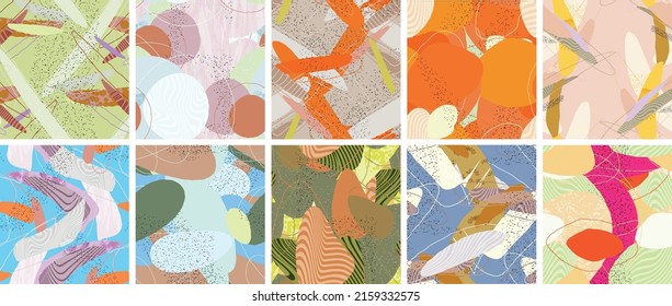 Abstract vector seamless pattern set. Organic grunge textured overlapping wavy shapes and lines. Scribbled hand drawn pastel colored background. Striped dotted leaf forms. Flat textile swatch.