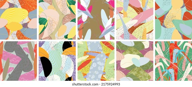 Abstract vector seamless pattern set. Organic grunge textured overlapping wavy shapes and lines. Scribbled hand drawn pastel colored background. Striped dotted leaf forms. Flat textile swatch.