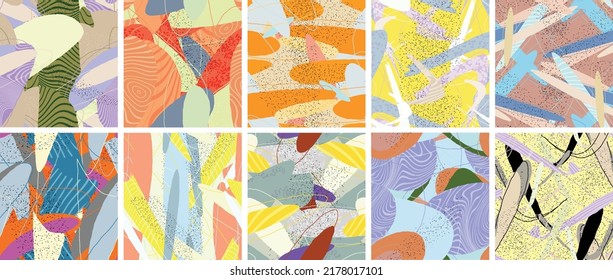 Abstract vector seamless pattern set. Organic grunge textured overlapping wavy shapes and lines. Scribbled hand drawn pastel colored background. Striped dotted leaf forms. Flat textile swatch.