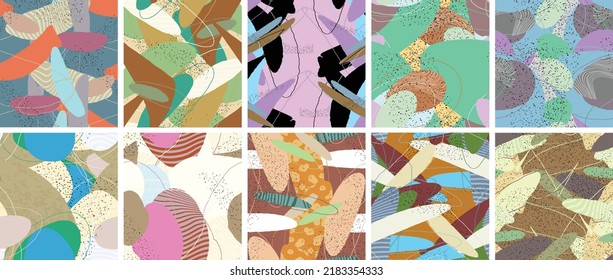 Abstract vector seamless pattern set. Organic grunge textured overlapping wavy shapes and lines. Scribbled hand drawn pastel colored background. Striped dotted leaf forms. Flat textile swatch.