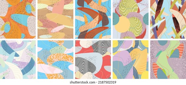 Abstract vector seamless pattern set. Organic grunge textured overlapping wavy shapes and lines. Scribbled hand drawn pastel colored background. Striped dotted leaf forms. Flat textile swatch.