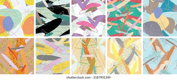 Abstract vector seamless pattern set. Organic grunge textured overlapping wavy shapes and lines. Scribbled hand drawn pastel colored background. Striped dotted leaf forms. Flat textile swatch.