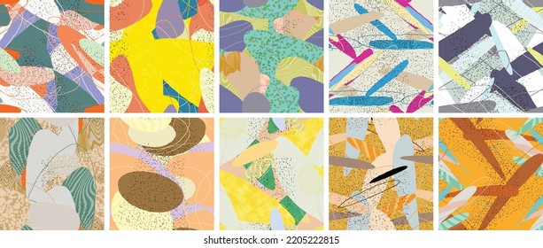 Abstract vector seamless pattern set. Organic grunge textured overlapping wavy shapes and lines. Scribbled hand drawn pastel colored background. Striped dotted leaf forms. Flat textile swatch.