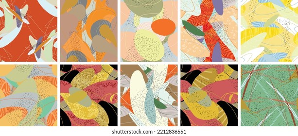 Abstract vector seamless pattern set. Organic grunge textured overlapping wavy shapes and lines. Scribbled hand drawn pastel colored background. Striped dotted leaf forms. Flat textile swatch.