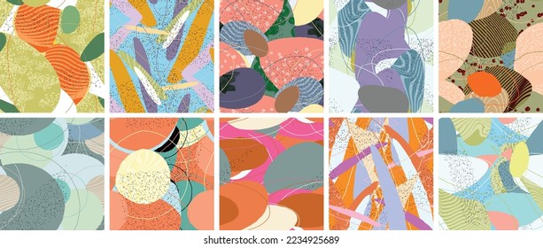 Abstract vector seamless pattern set. Organic grunge textured overlapping wavy shapes and lines. Scribbled hand drawn pastel colored background. Striped dotted leaf forms. Flat textile swatch.