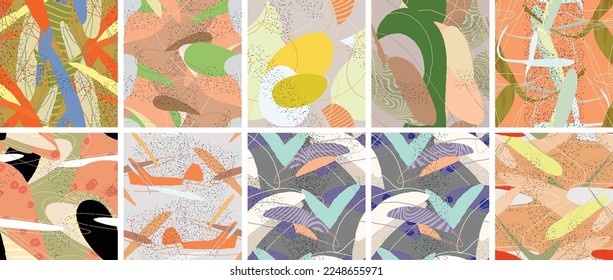 Abstract vector seamless pattern set. Organic grunge textured overlapping wavy shapes and lines. Scribbled hand drawn pastel colored background. Striped dotted leaf forms. Flat textile swatch.