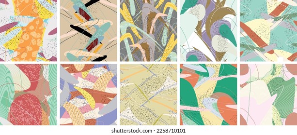 Abstract vector seamless pattern set. Organic grunge textured overlapping wavy shapes and lines. Scribbled hand drawn pastel colored background. Striped dotted leaf forms. Flat textile swatch.