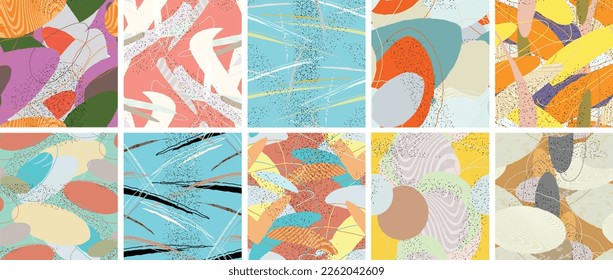 Abstract vector seamless pattern set. Organic grunge textured overlapping wavy shapes and lines. Scribbled hand drawn pastel colored background. Striped dotted leaf forms. Flat textile swatch.