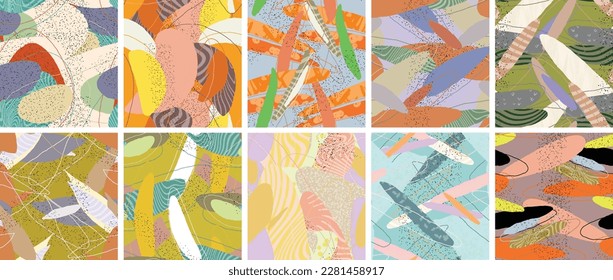 Abstract vector seamless pattern set. Organic grunge textured overlapping wavy shapes and lines. Scribbled hand drawn pastel colored background. Striped dotted leaf forms. Flat textile swatch.