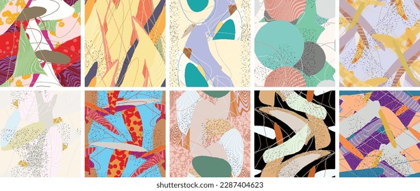 Abstract vector seamless pattern set. Organic grunge textured overlapping wavy shapes and lines. Scribbled hand drawn pastel colored background. Striped dotted leaf forms. Flat textile swatch.