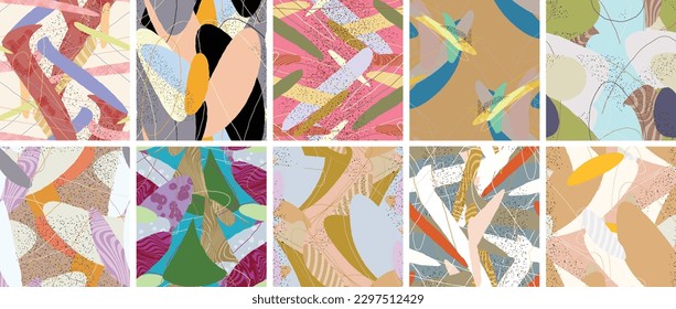 Abstract vector seamless pattern set. Organic grunge textured overlapping wavy shapes and lines. Scribbled hand drawn pastel colored background. Striped dotted leaf forms. Flat textile swatch.