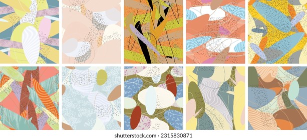 Abstract vector seamless pattern set. Organic grunge textured overlapping wavy shapes and lines. Scribbled hand drawn pastel colored background. Striped dotted leaf forms. Flat textile swatch.