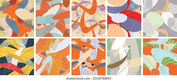 Abstract vector seamless pattern set. Organic grunge textured overlapping wavy shapes and lines. Scribbled hand drawn pastel colored background. Striped dotted leaf forms. Flat textile swatch.
