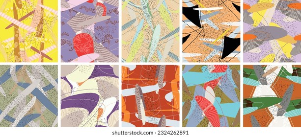 Abstract vector seamless pattern set. Organic grunge textured overlapping wavy shapes and lines. Scribbled hand drawn pastel colored background. Striped dotted leaf forms. Flat textile swatch.