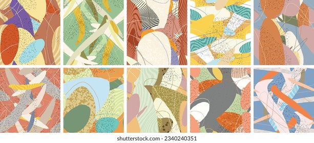Abstract vector seamless pattern set. Organic grunge textured overlapping wavy shapes and lines. Scribbled hand drawn pastel colored background. Striped dotted leaf forms. Flat textile swatch.