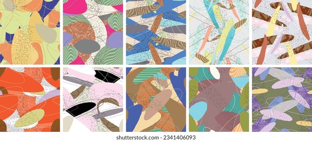 Abstract vector seamless pattern set. Organic grunge textured overlapping wavy shapes and lines. Scribbled hand drawn pastel colored background. Striped dotted leaf forms. Flat textile swatch.